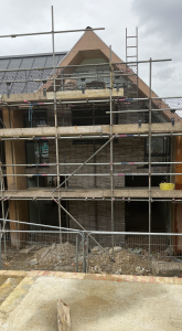 Construction brickwork with scaffolding.