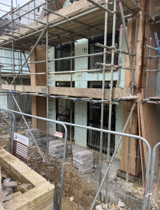 Construction brickwork with scaffolding.